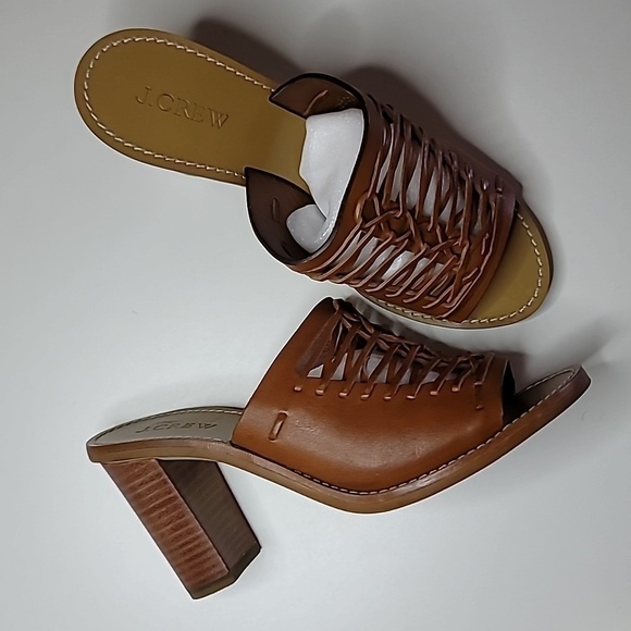 J. CREW Leather Weave Block Heel Peep Toe Cognac - Picture 1 of 8